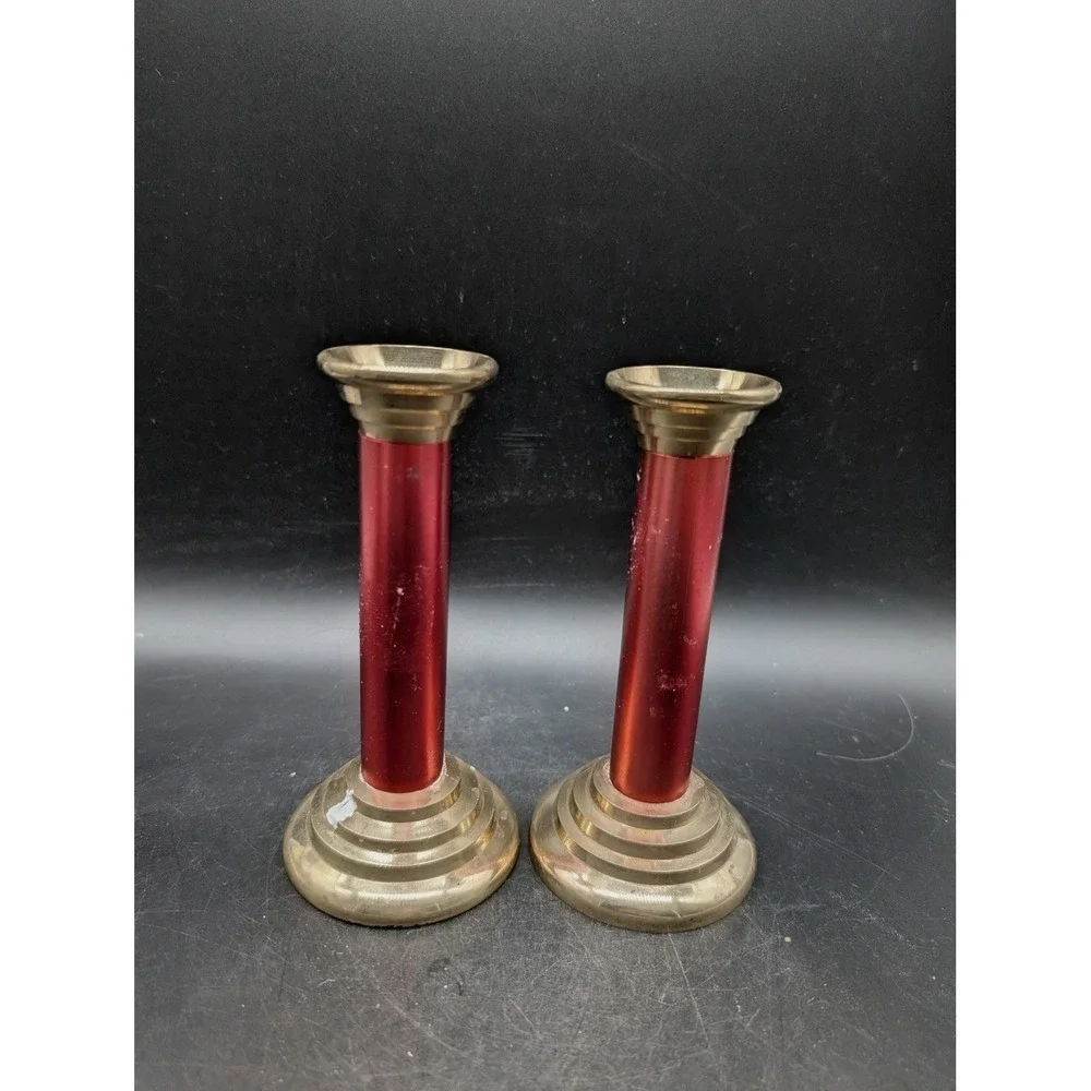 Vintage Brass Red Column Candlestick Holders Pair Mid Century Modern Gold Red 4